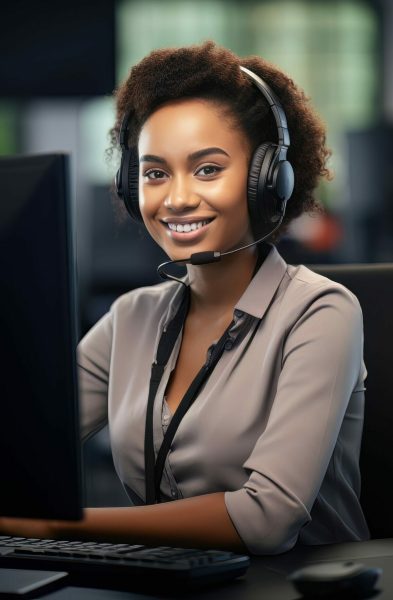 Portrait of a Beautiful African Customer Service Operator, Call Center Worker Talking Through Headset with Customer in Modern Office. Generative Ai